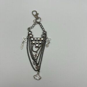 Multi-Layer Silver-Tone Charm Keychain With Cloud Clover Feather & Geometric Det